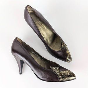 Planika Vintage Leather Retro Brown and Gold High Heel shoes